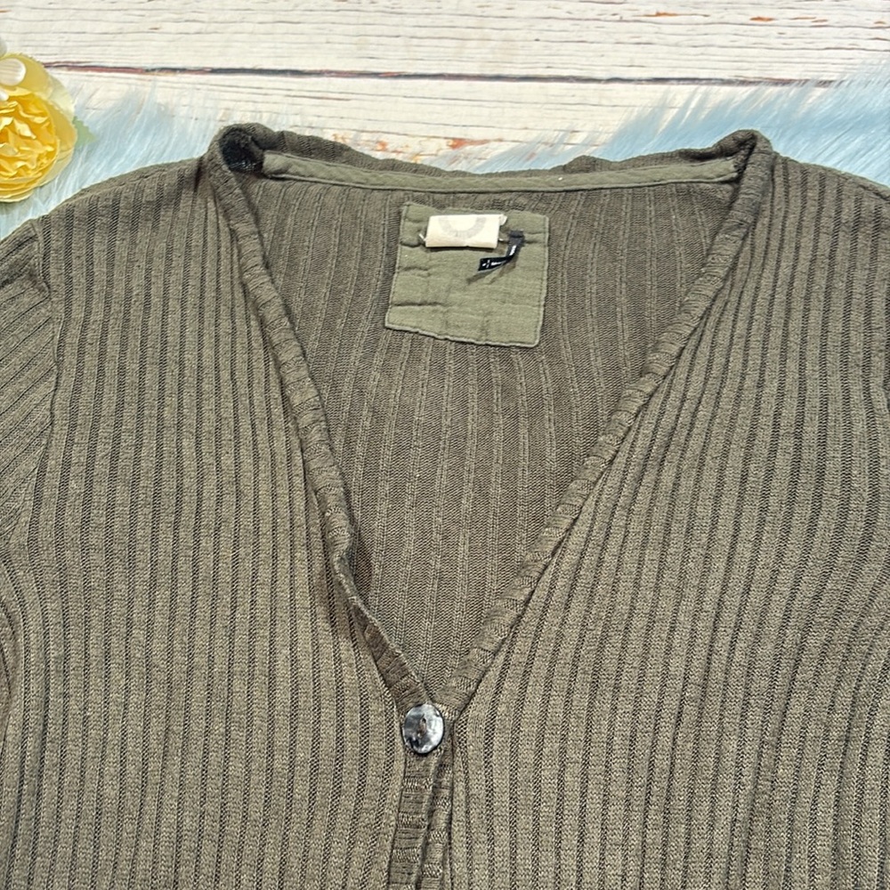 Anthropologie Olive Green Ribbed Button-Front Cardigan - Picture 2 of 9
